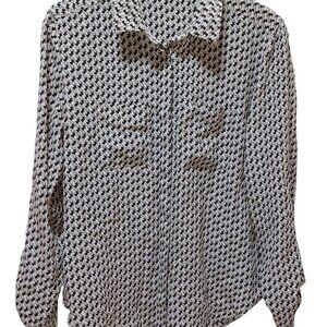 Ann Taylor Silk Blouse XS Deer Print White Black Holiday Academia Office Chic